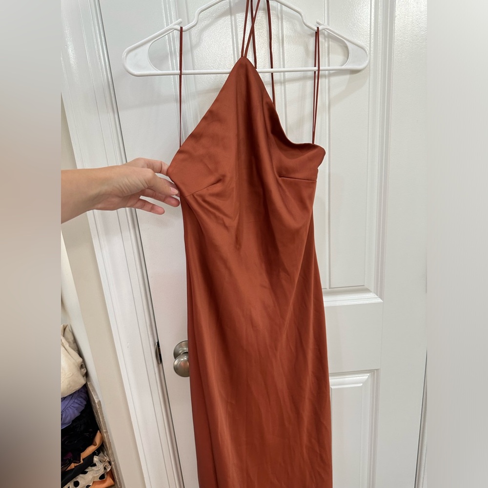 Silky midi dress. Perfect for special events. Strapless string halter neck ties.